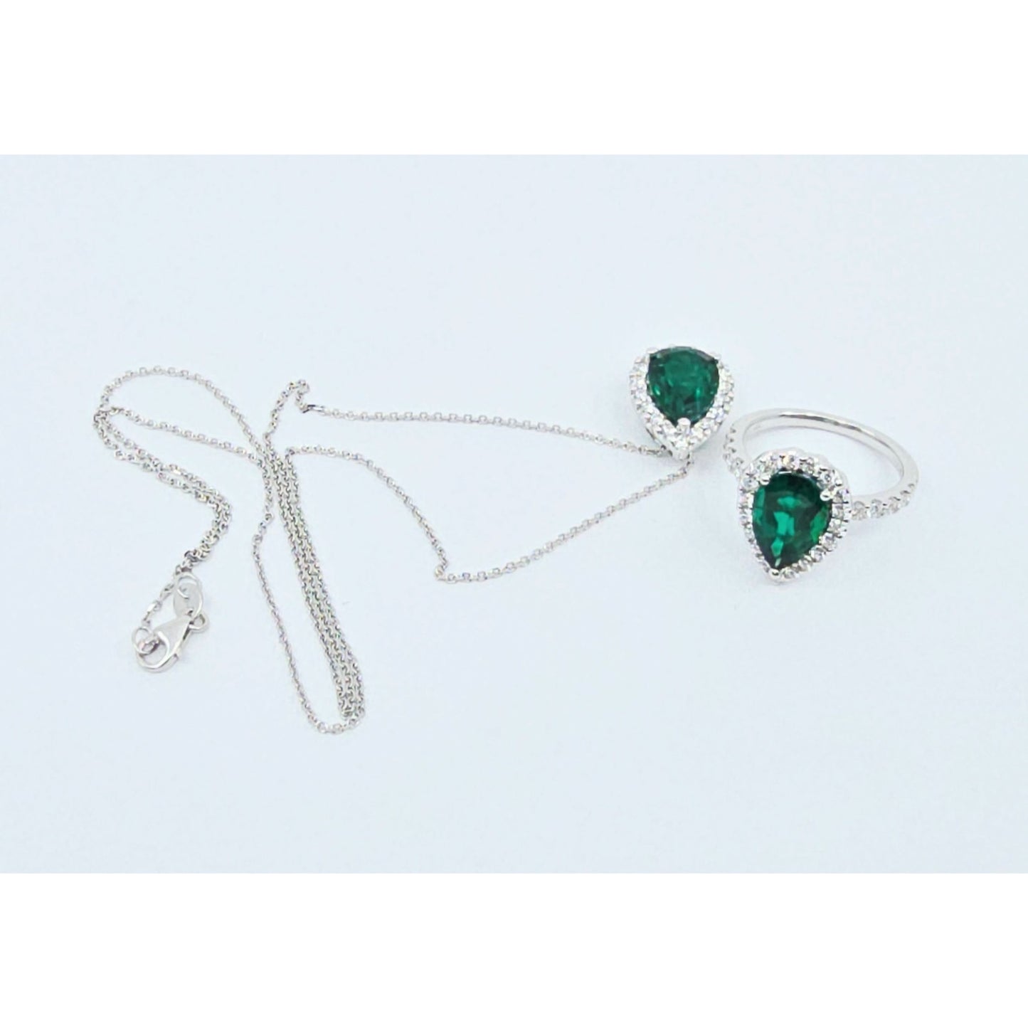 14K White Gold JLJ Lab Grown Emerald & Diamond Ring & Pendant Necklace Set
