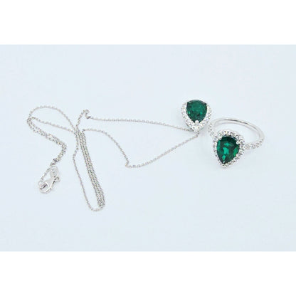 14K White Gold JLJ Lab Grown Emerald & Diamond Ring & Pendant Necklace Set