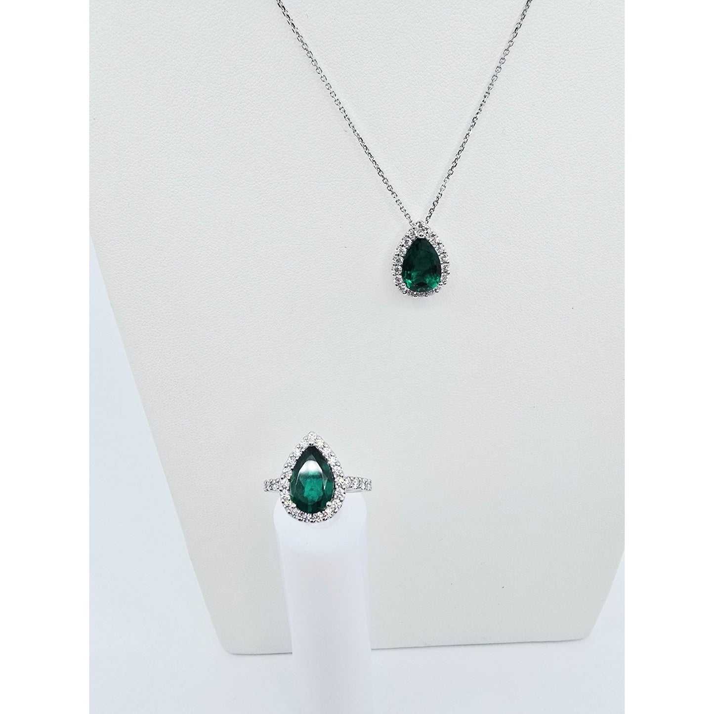 14K White Gold JLJ Lab Grown Emerald & Diamond Ring & Pendant Necklace Set