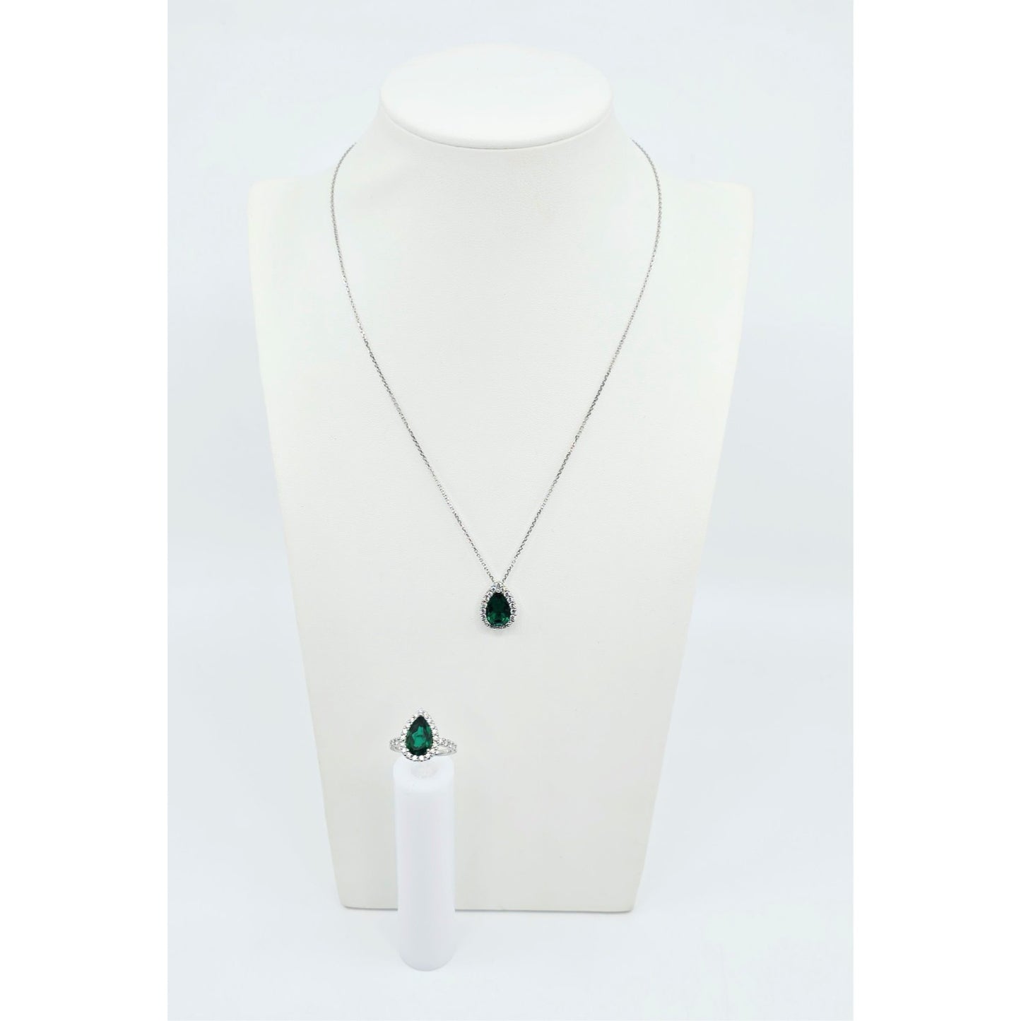 14K White Gold JLJ Lab Grown Emerald & Diamond Ring & Pendant Necklace Set