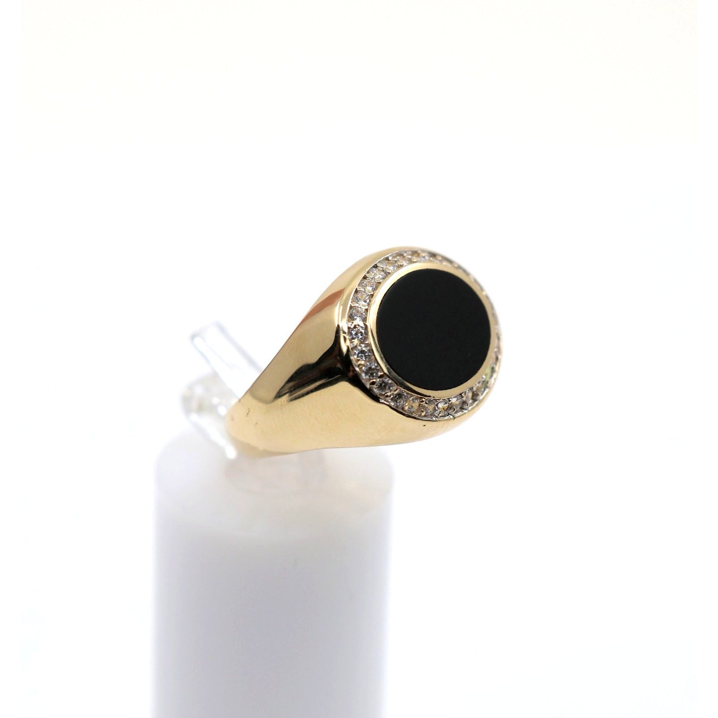 14K Yellow Gold Oval Shaped Onyx & CZ Ring