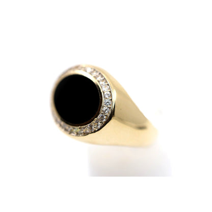 14K Yellow Gold Oval Shaped Onyx & CZ Ring
