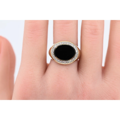 14K Yellow Gold Oval Shaped Onyx & CZ Ring