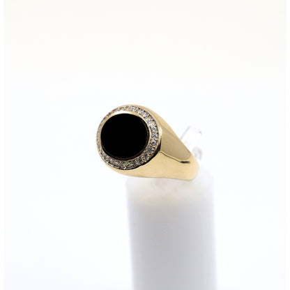 14K Yellow Gold Oval Shaped Onyx & CZ Ring