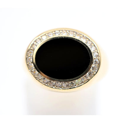14K Yellow Gold Oval Shaped Onyx & CZ Ring