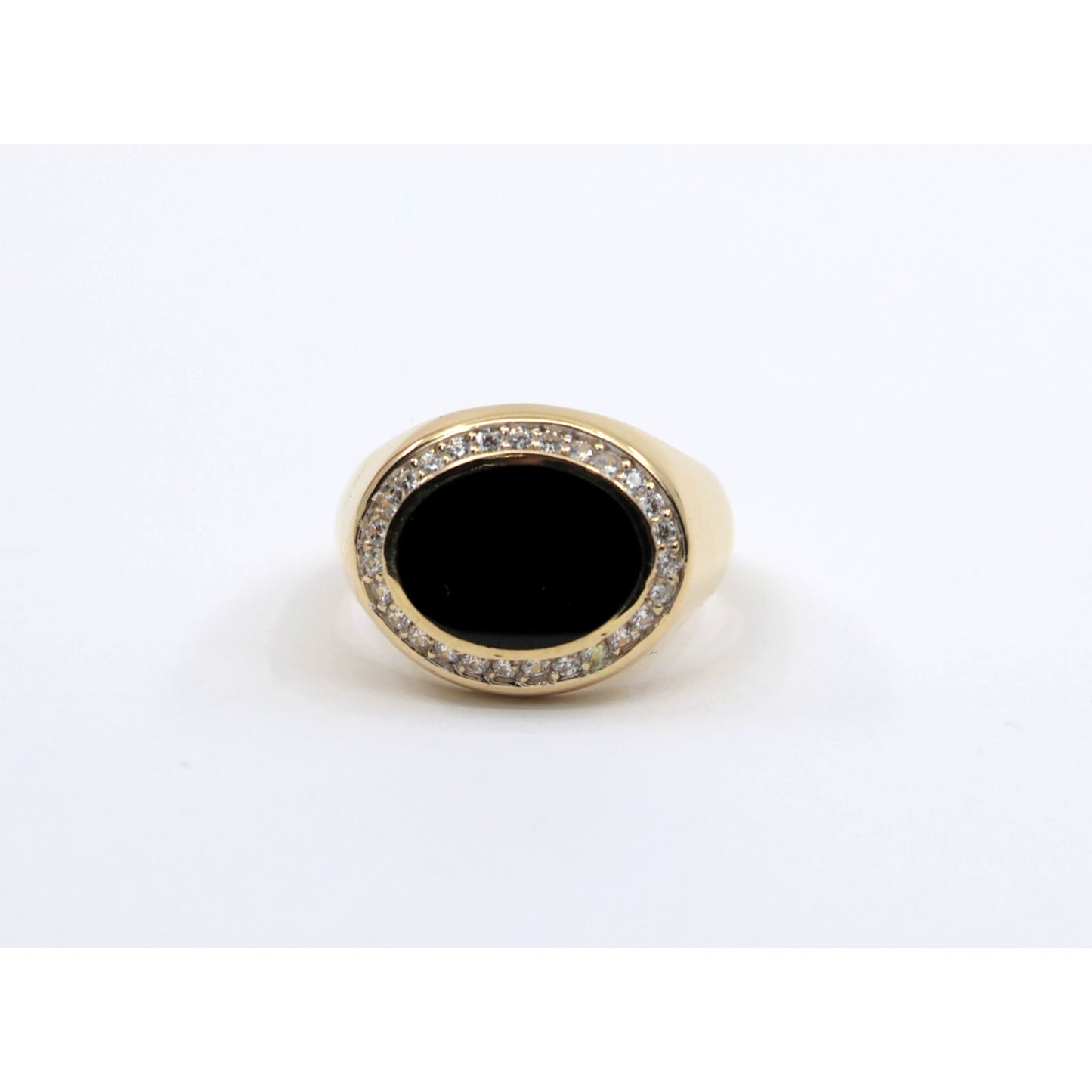 14K Yellow Gold Oval Shaped Onyx & CZ Ring