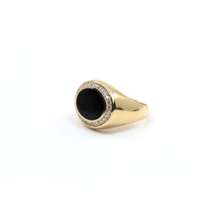 14K Yellow Gold Oval Shaped Onyx & CZ Ring