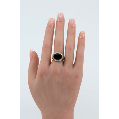 14K Yellow Gold Oval Shaped Onyx & CZ Ring