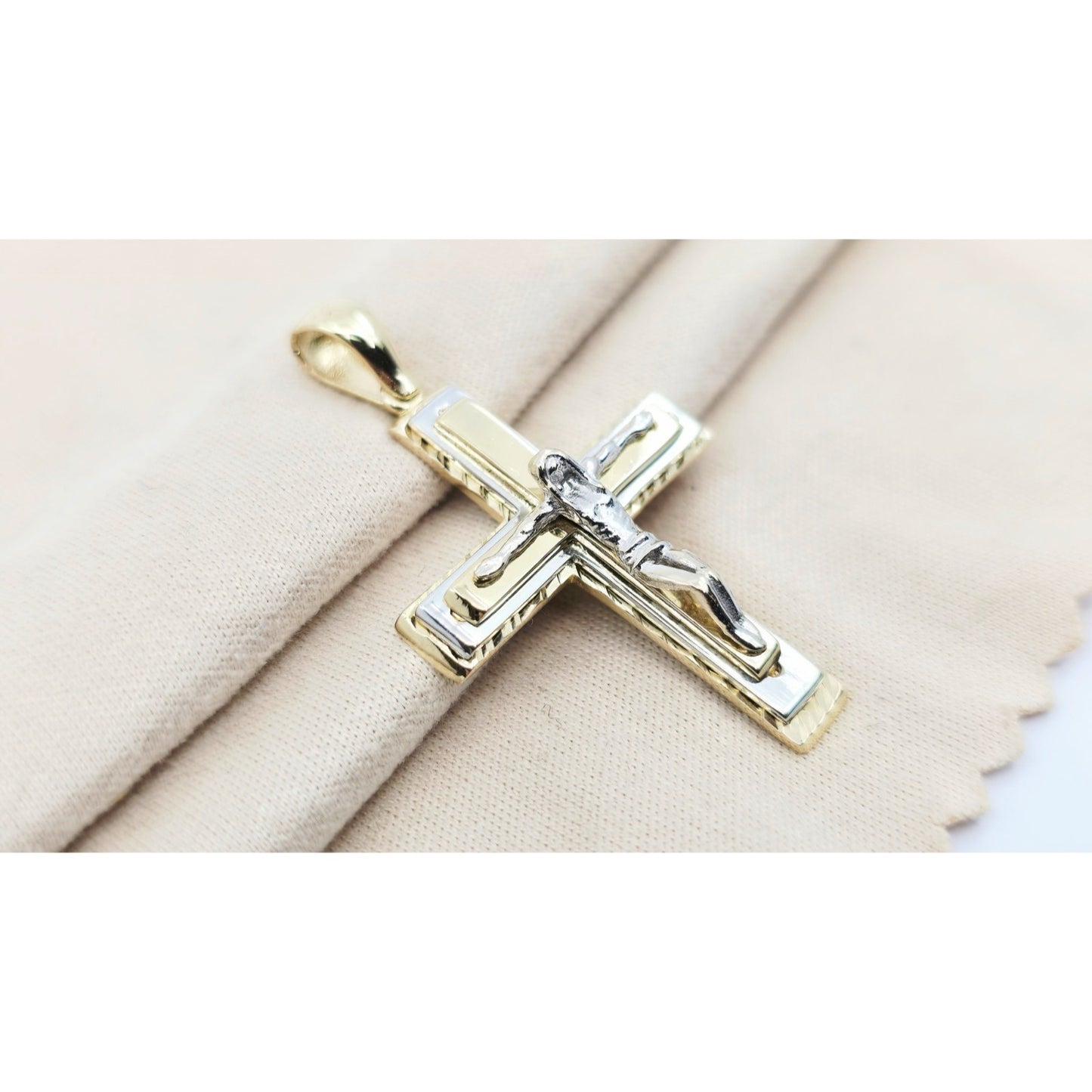 14K Two Tone Gold Jesus on Cross Pendant Charm