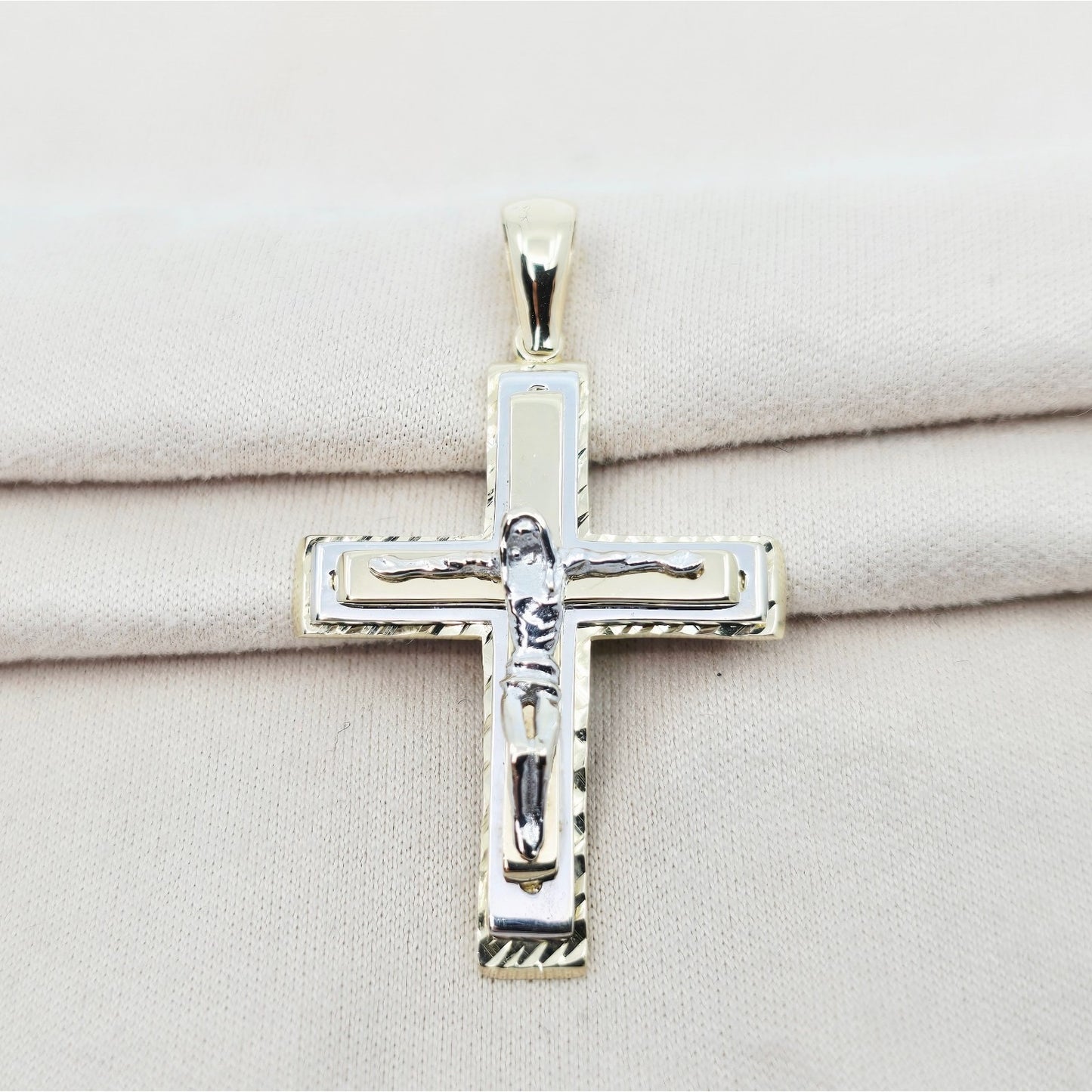 14K Two Tone Gold Jesus on Cross Pendant Charm