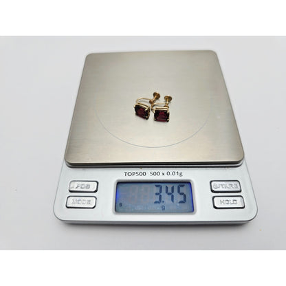 14K Yellow Gold Hinged Screw Back Non-Pierced Rectangle Cushion Garnet Earrings