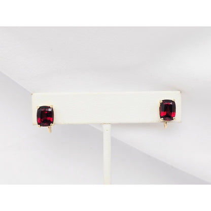 14K Yellow Gold Hinged Screw Back Non-Pierced Rectangle Cushion Garnet Earrings