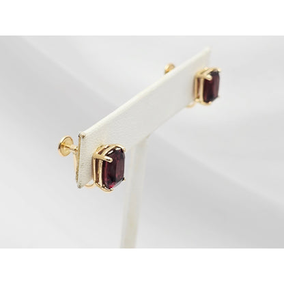 14K Yellow Gold Hinged Screw Back Non-Pierced Rectangle Cushion Garnet Earrings