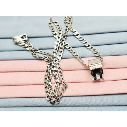Gucci G Cut Out Round Circle Sterling Silver Charm Pendant Curb Chain Necklace