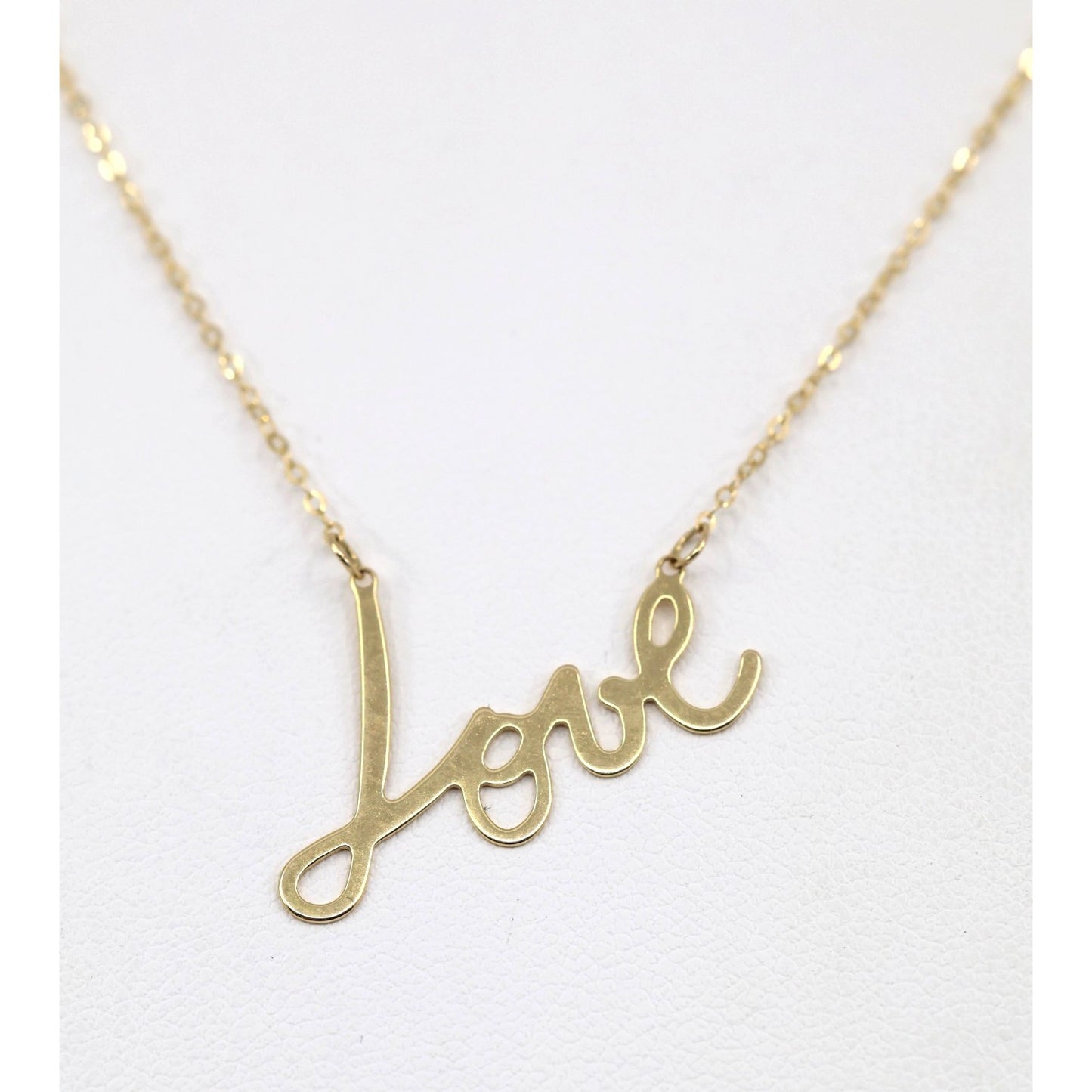 14K Yellow Gold Cursive Love Charm Pendant Cable Link Chain Necklace