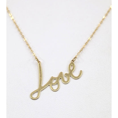 14K Yellow Gold Cursive Love Charm Pendant Cable Link Chain Necklace