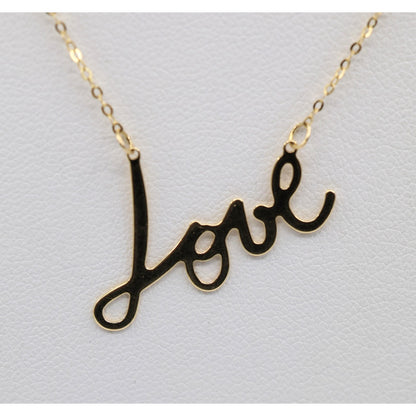 14K Yellow Gold Cursive Love Charm Pendant Cable Link Chain Necklace