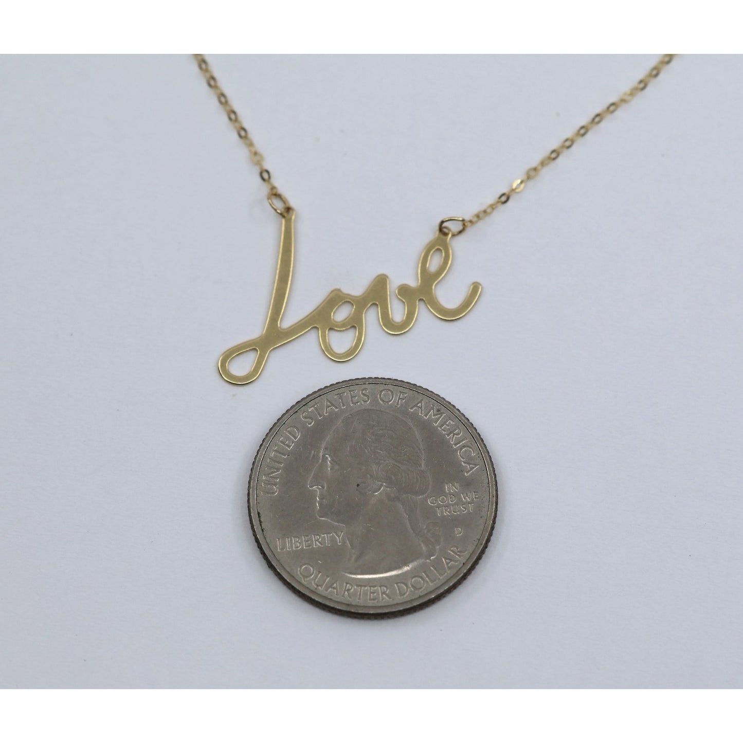 14K Yellow Gold Cursive Love Charm Pendant Cable Link Chain Necklace