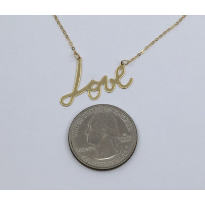 14K Yellow Gold Cursive Love Charm Pendant Cable Link Chain Necklace