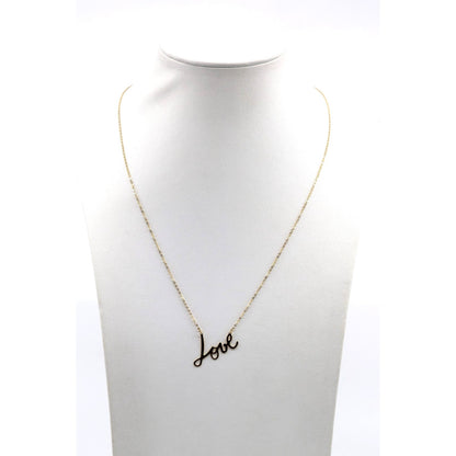 14K Yellow Gold Cursive Love Charm Pendant Cable Link Chain Necklace