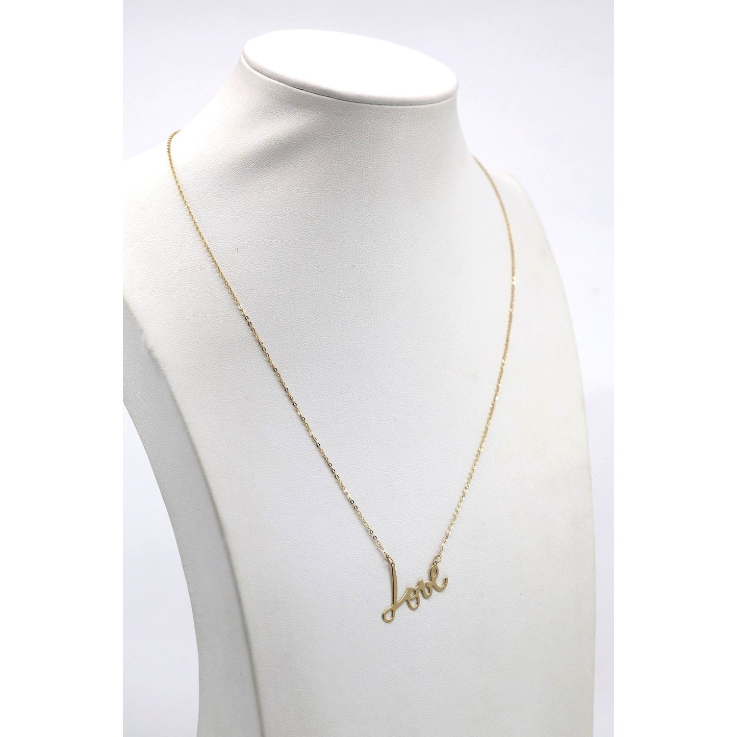 14K Yellow Gold Cursive Love Charm Pendant Cable Link Chain Necklace