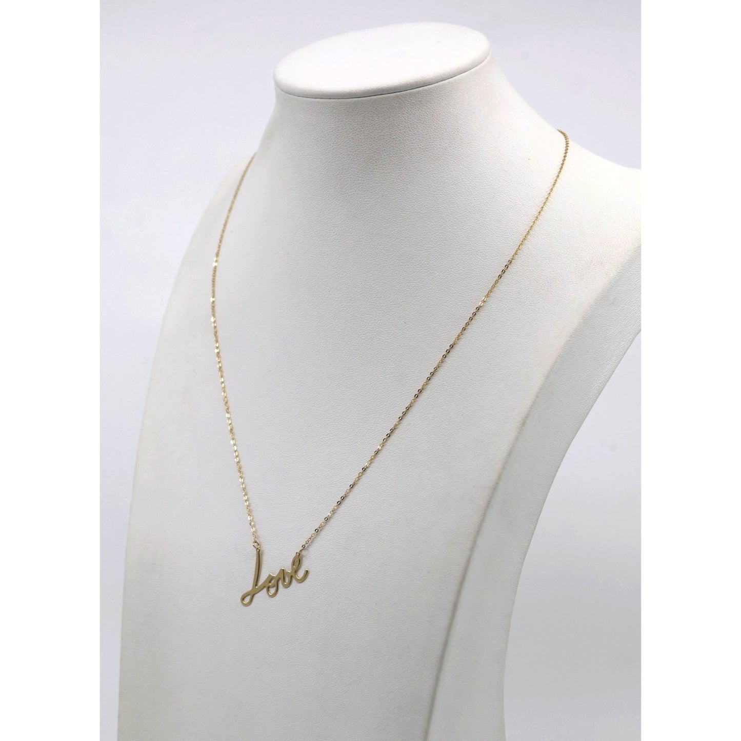 14K Yellow Gold Cursive Love Charm Pendant Cable Link Chain Necklace