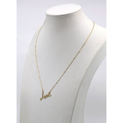 14K Yellow Gold Cursive Love Charm Pendant Cable Link Chain Necklace