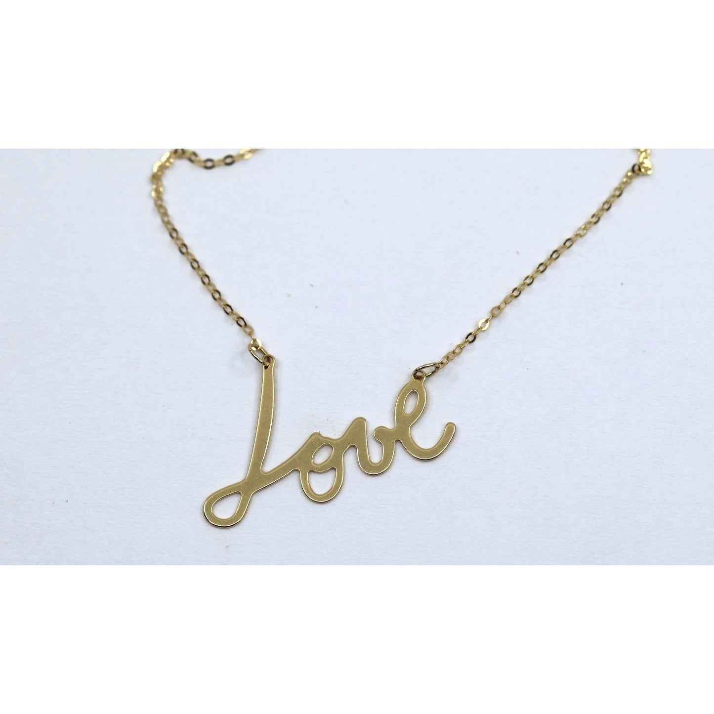 14K Yellow Gold Cursive Love Charm Pendant Cable Link Chain Necklace