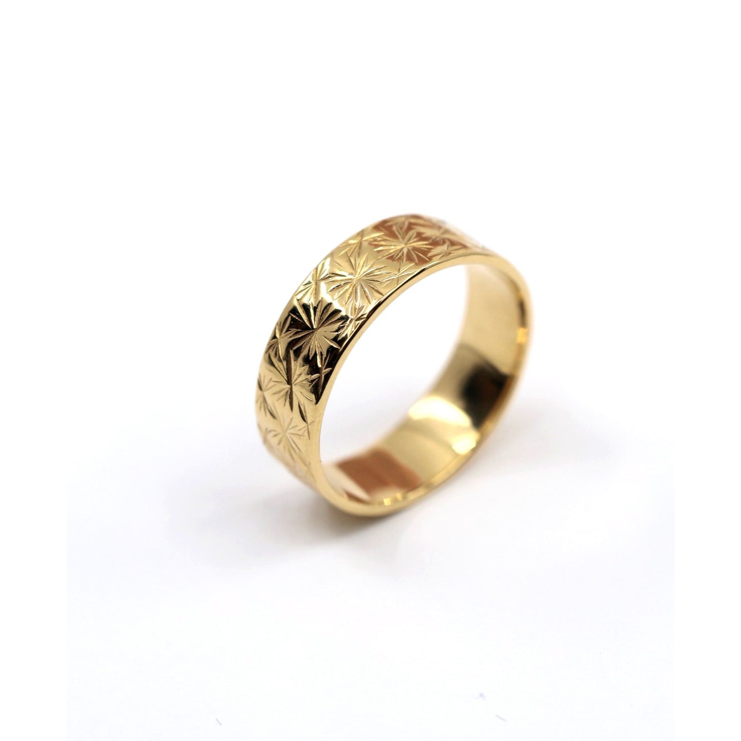 21K Yellow Gold Engraved Diamond Cut Wide Wedding Band