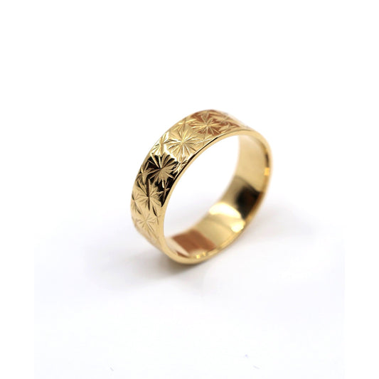 21K Yellow Gold Engraved Diamond Cut Wide Wedding Band