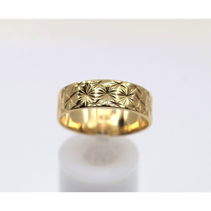 21K Yellow Gold Engraved Diamond Cut Wide Wedding Band
