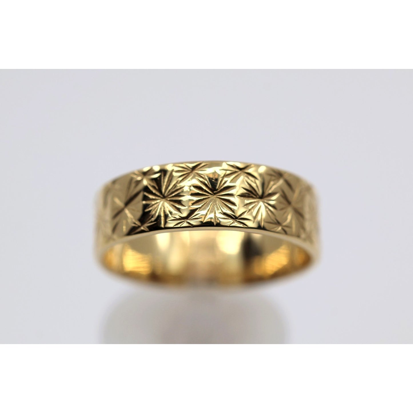 21K Yellow Gold Engraved Diamond Cut Wide Wedding Band