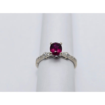18K White Gold Ladies Solitaire Round Cut Ruby & Diamond Ring
