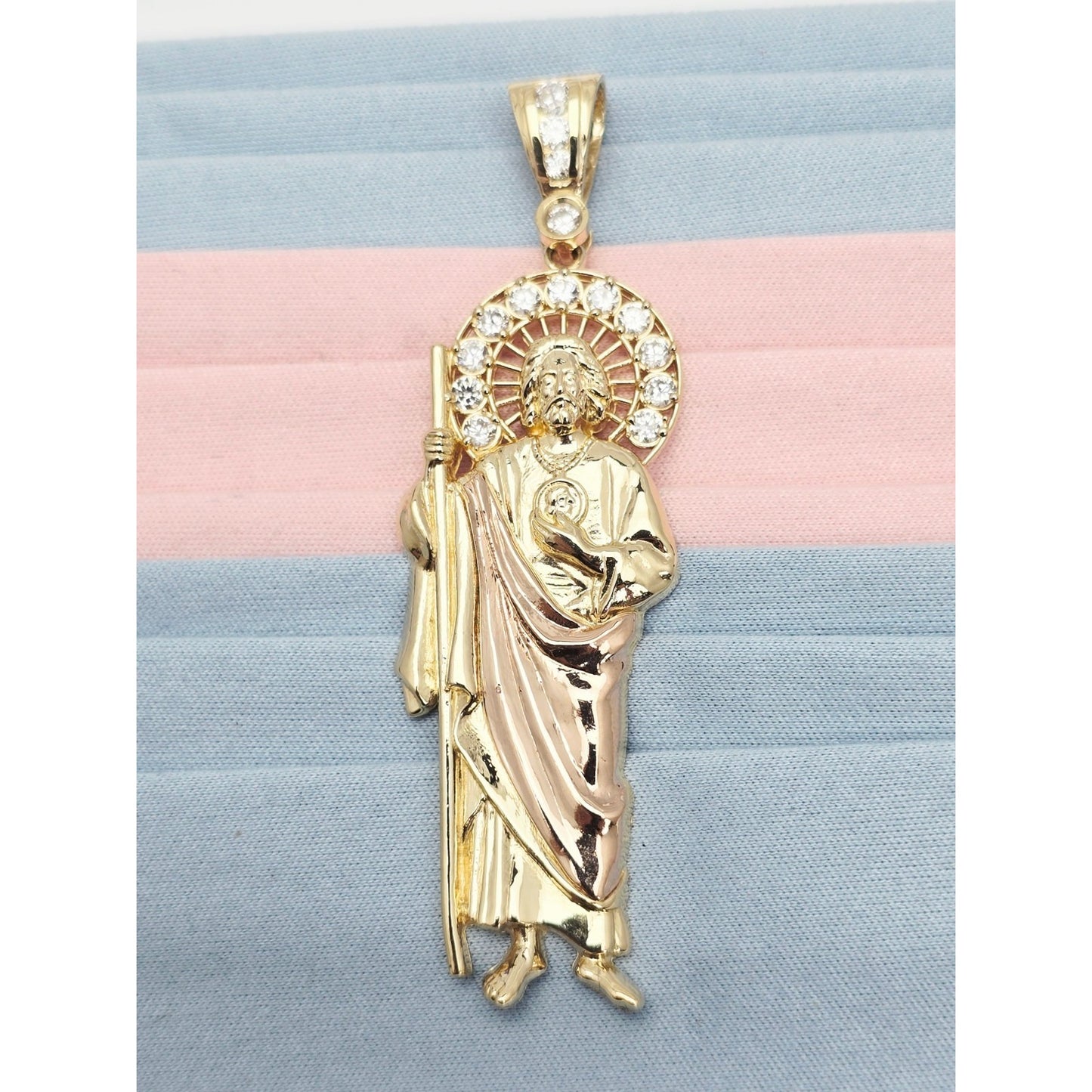 Large 14K Two Tone Gold Saint Jude CZ Charm Pendant