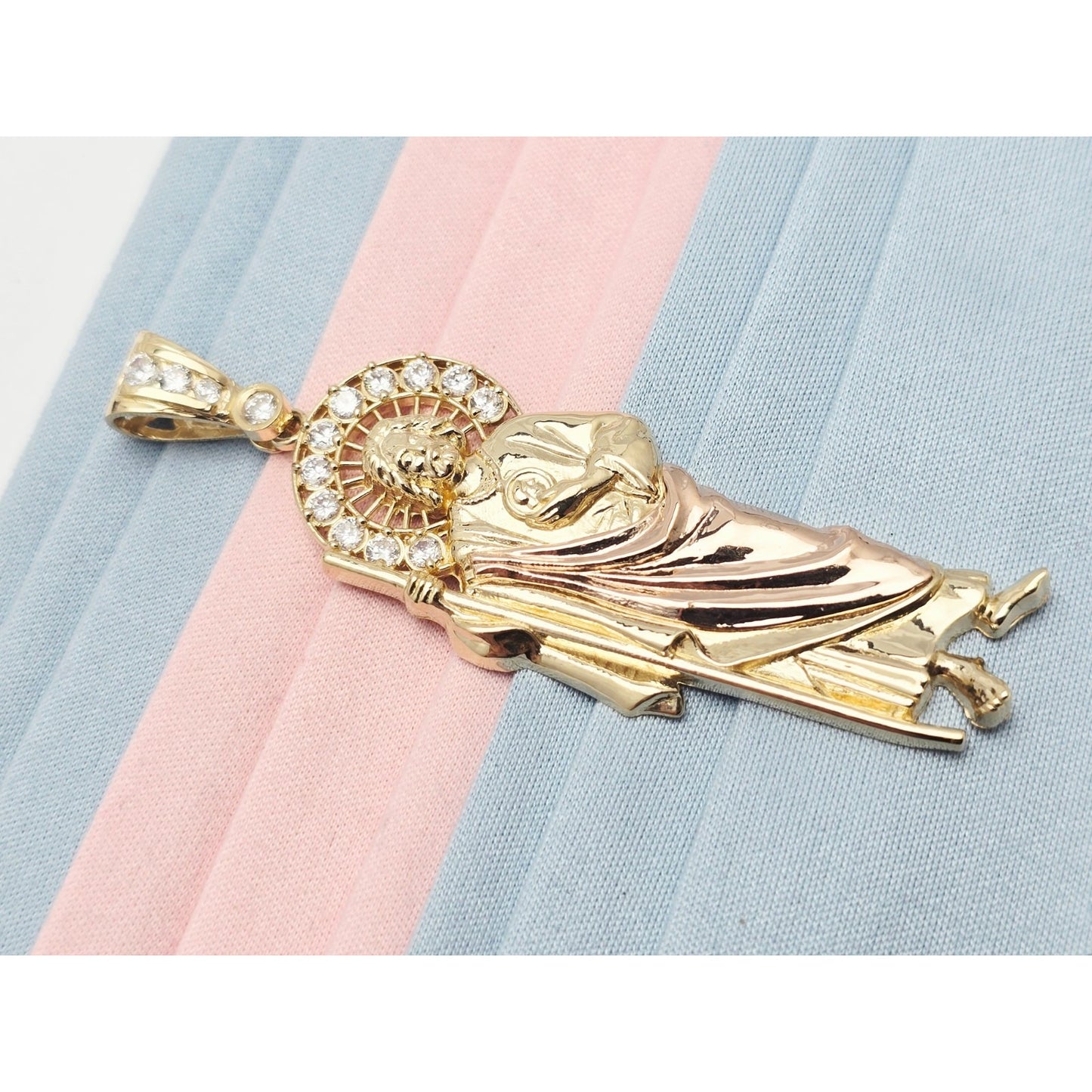 Large 14K Two Tone Gold Saint Jude CZ Charm Pendant