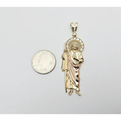 Large 14K Two Tone Gold Saint Jude CZ Charm Pendant