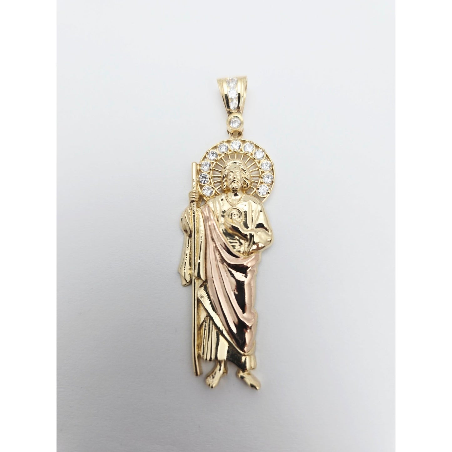 Large 14K Two Tone Gold Saint Jude CZ Charm Pendant
