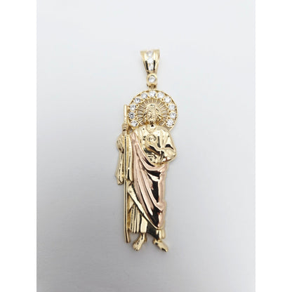 Large 14K Two Tone Gold Saint Jude CZ Charm Pendant