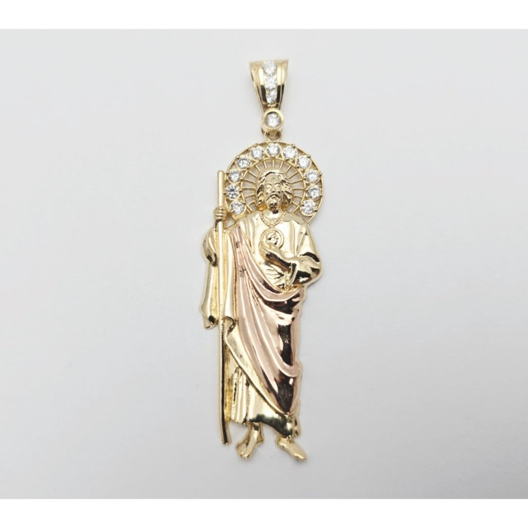 Large 14K Two Tone Gold Saint Jude CZ Charm Pendant