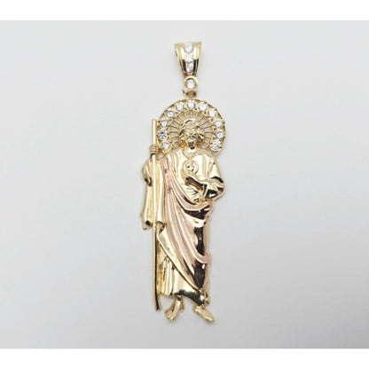 Large 14K Two Tone Gold Saint Jude CZ Charm Pendant