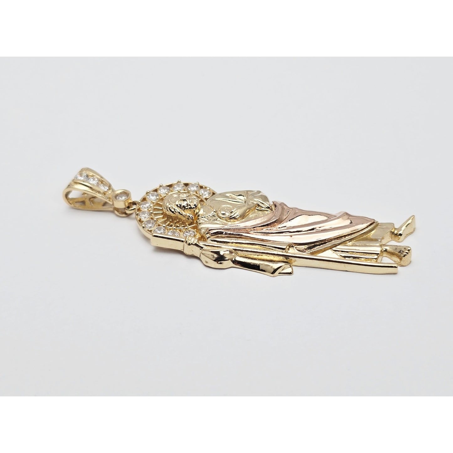 Large 14K Two Tone Gold Saint Jude CZ Charm Pendant