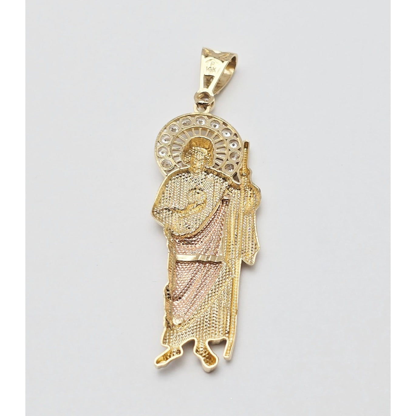 Large 14K Two Tone Gold Saint Jude CZ Charm Pendant