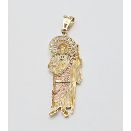 Large 14K Two Tone Gold Saint Jude CZ Charm Pendant
