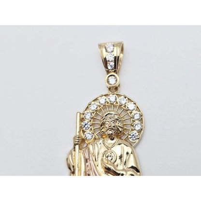 Large 14K Two Tone Gold Saint Jude CZ Charm Pendant