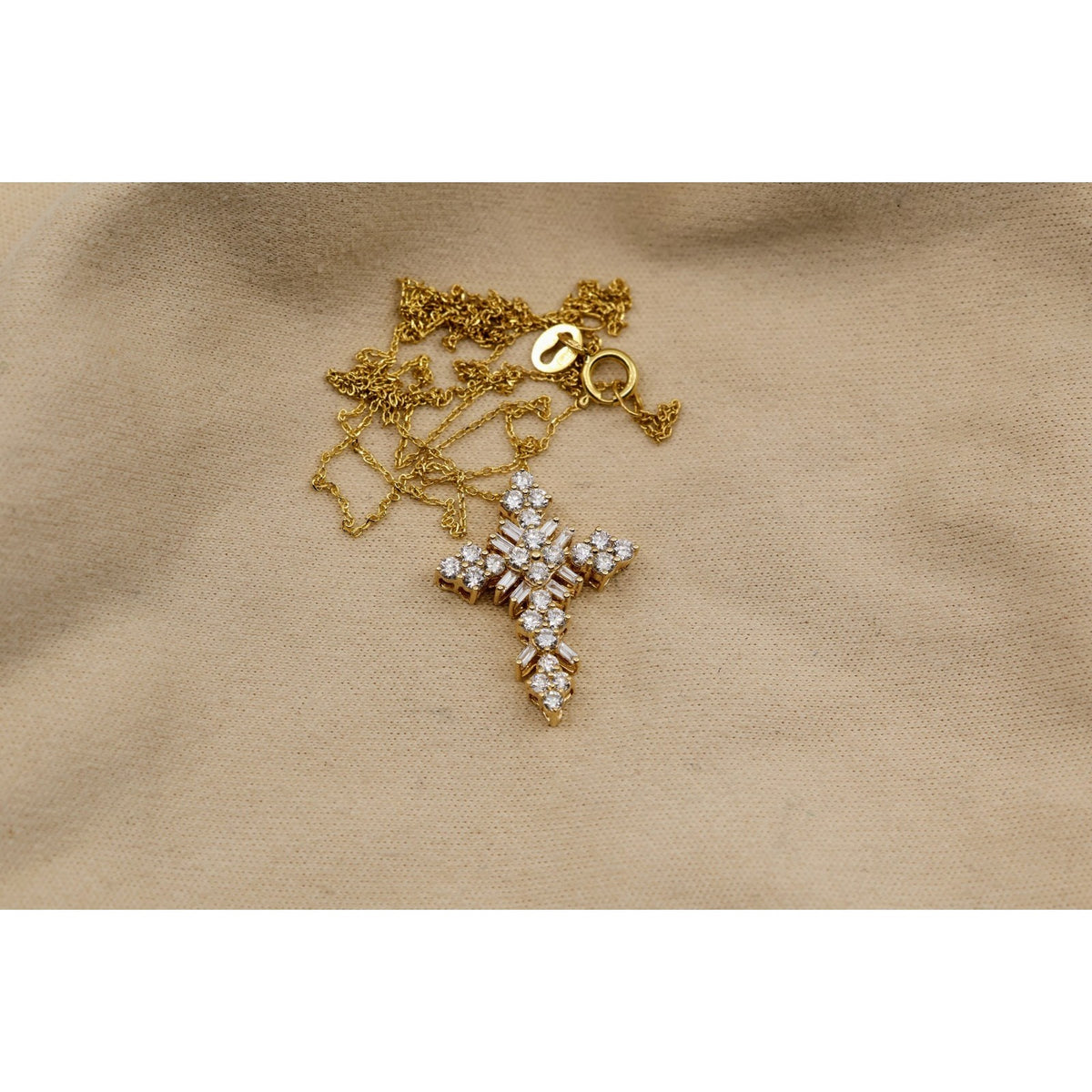 Thin 14K Yellow Gold Round & Baguette Diamond Cross Pendant Resizable Necklace