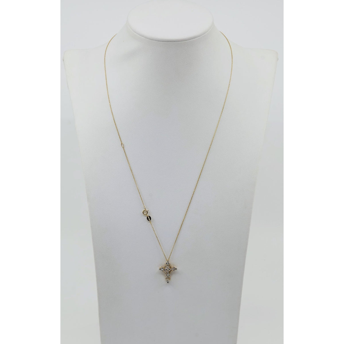 Thin 14K Yellow Gold Round & Baguette Diamond Cross Pendant Resizable Necklace