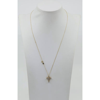Thin 14K Yellow Gold Round & Baguette Diamond Cross Pendant Resizable Necklace