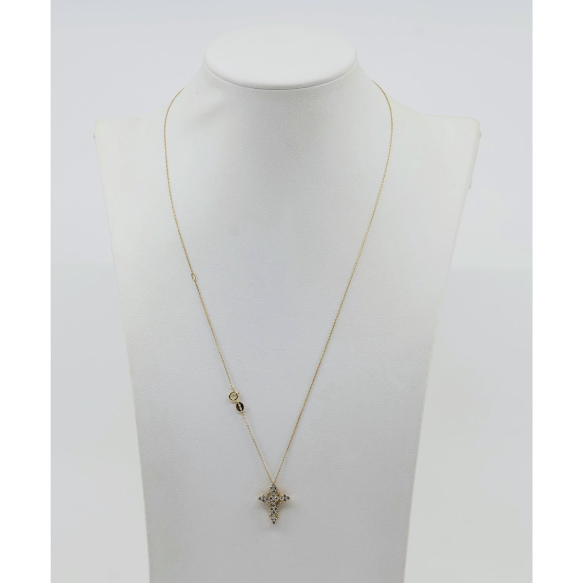 Thin 14K Yellow Gold Round & Baguette Diamond Cross Pendant Resizable Necklace