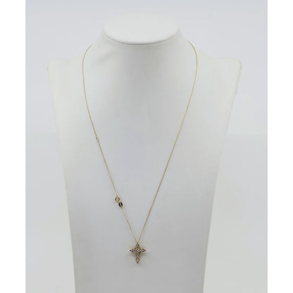 Thin 14K Yellow Gold Round & Baguette Diamond Cross Pendant Resizable Necklace