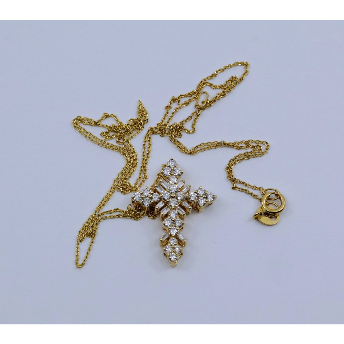 Thin 14K Yellow Gold Round & Baguette Diamond Cross Pendant Resizable Necklace